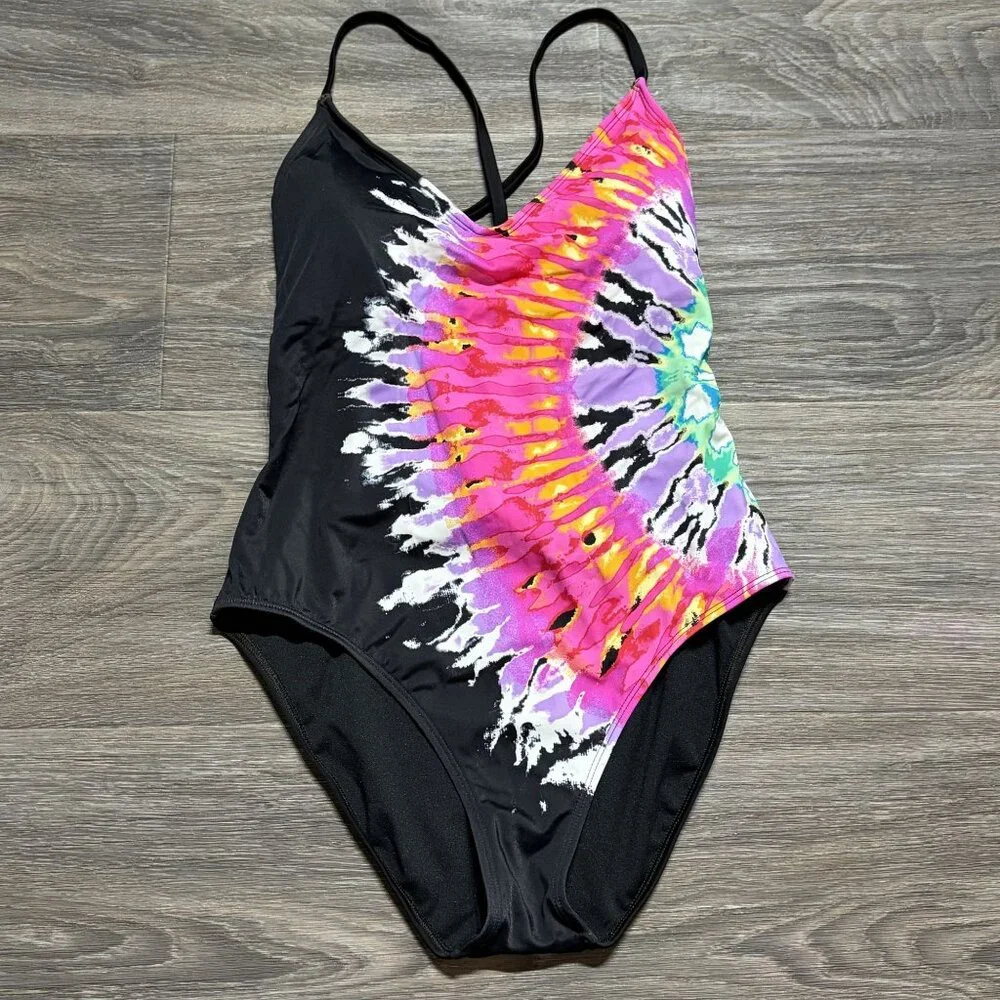 NEW Salt + Cove Medium Tie Dye One Piece Swim Strappy Black Pink Bathing Suit - Picture 11 of 11